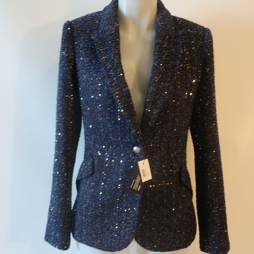 NWT Womens L'Agence Navy Blue, Gold Metallic Tweed Blazer 8